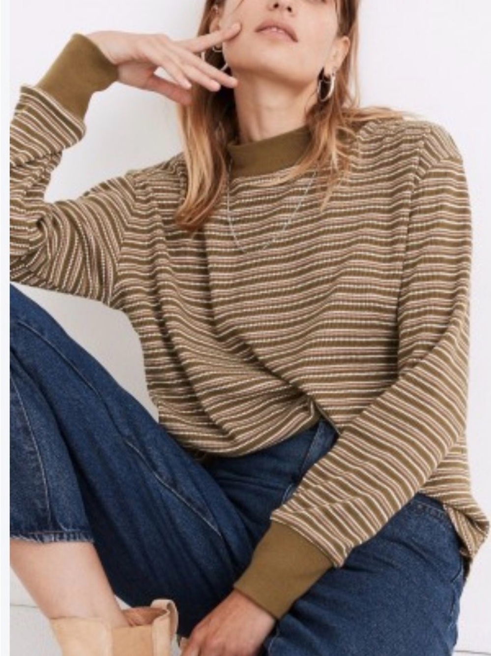 Madewell- Olive Stripe Long-Sleeve Knit Top - Women's Large